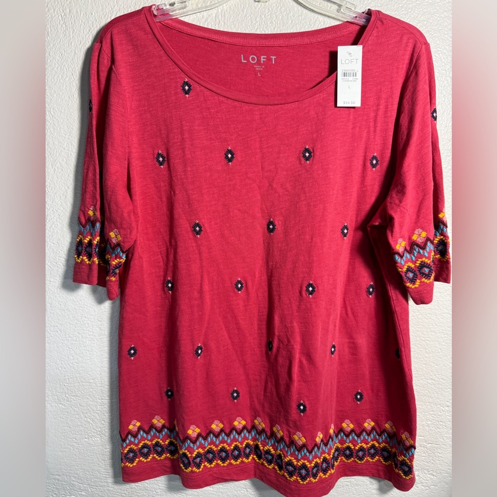 LOFT Dark Pink Short Sleeve Embroidered Knit Tee
